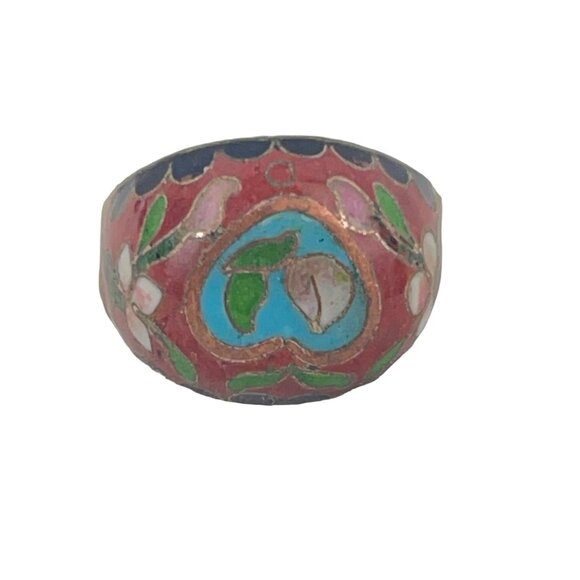 Vintage Cloisonné Ring Chinese Export Enamel Floral Design Copper Base Unique Ar - Picture 8 of 12